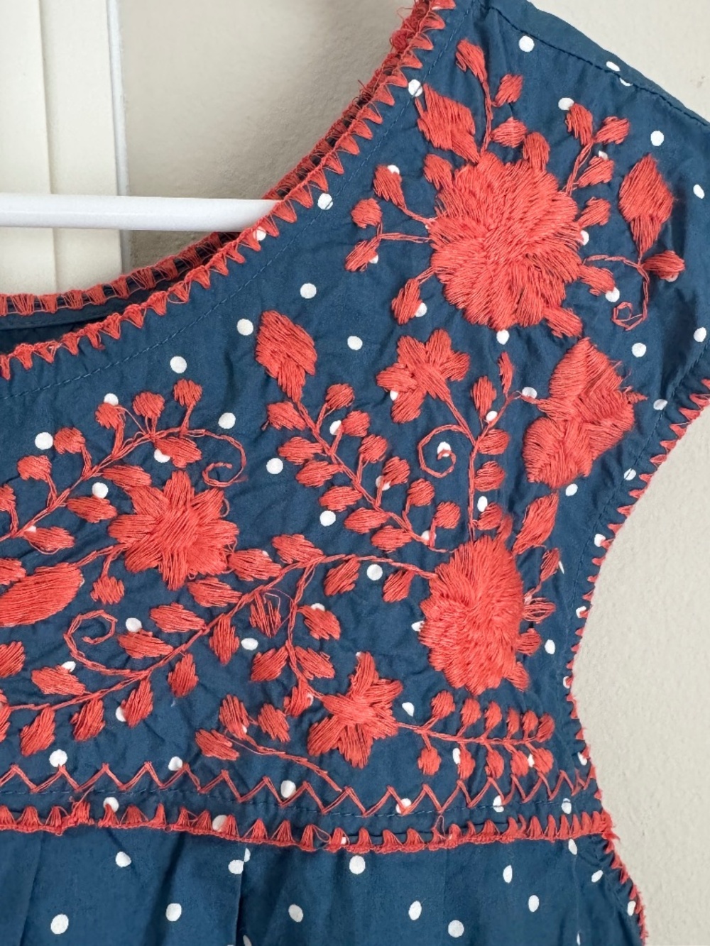 DARLING SISTER MARY, INDIGO POLKA DOT DRESS WITH EMBROIDERY